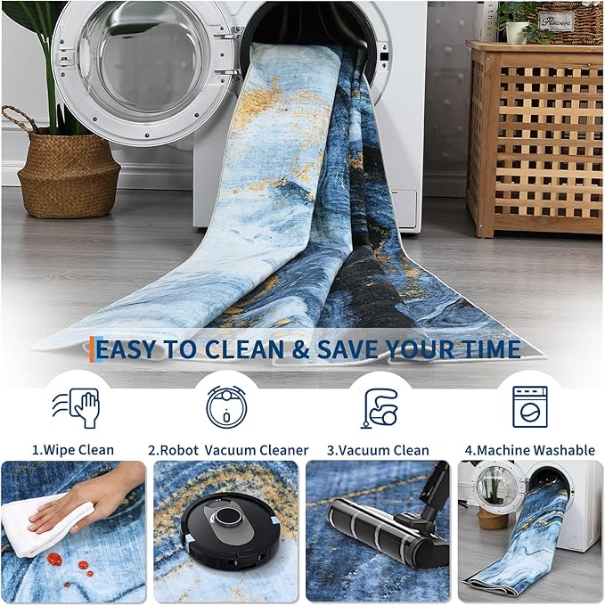 GarveeHome Large Area Rugs 9x12 Washable Modern Abstract Rug, Non-Shedding Neutral Living Room Rugs, Stain-Resistant Low Pile Abstract Floor Cover for Bedroom, Dining Room, Farmhouse, Office, Blue