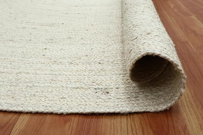 Circle Area Rug - 3 Ft' Round White Natural Jute Mat Geometric Kilim Rug Indoor Outdoor Use Flatweave Rugs for Bedroom Bedside Round Dining Table Mat Hall & Kitchen