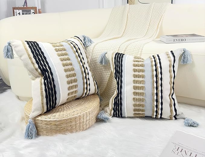 Boho Throw Pillow Covers 16x16 Aesthetic Neutral Boucle Couch Pillow Cover Rainbow Striped Decorative Accent Pillow Case for Couch Bed Sofa Farmhouse Bedroom,Modern Funky,Set of 2 Khaki