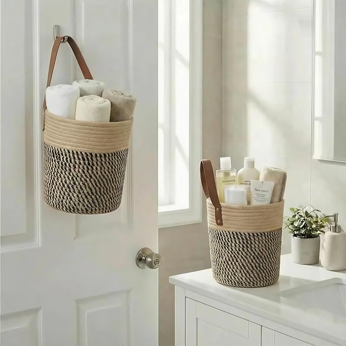 2-Pack Natural Jute Hanging Baskets 7 * 8inches, Round Woven Wall Decor & Storage Planter for Plant Decor and Home Organization,Walls Basket for Bedroom, Living Room, Bathroom,Boho Decor- Black Jute