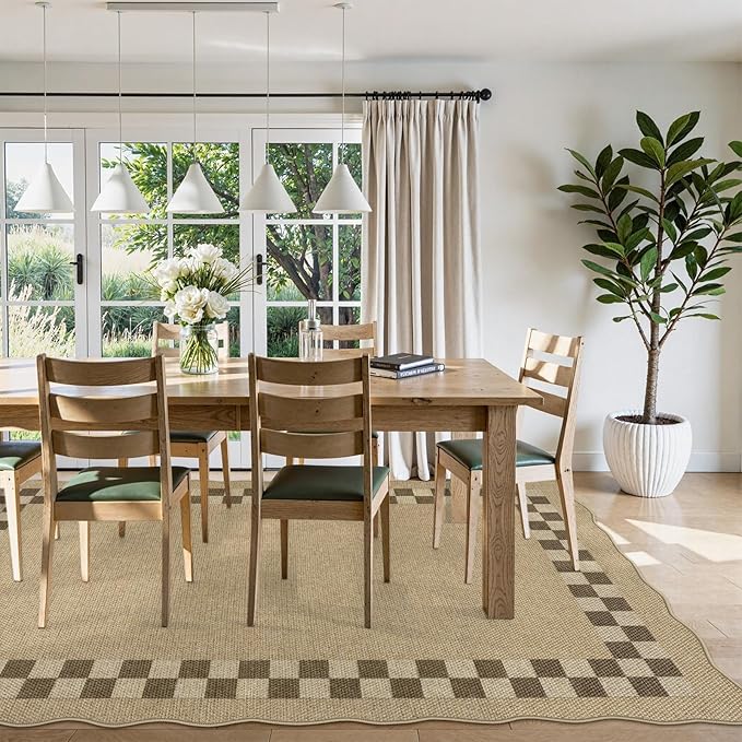 LIVEBOX Easy Jute Checkered Outdoor 5x7 Rug for Living Room, Scalloped Washable Rugs for Bedroom, Indoor Outdoor Non-Slip Rug Tan Farmhouse Dining Room Mat Modern Carpet Area Rug for Patio Office