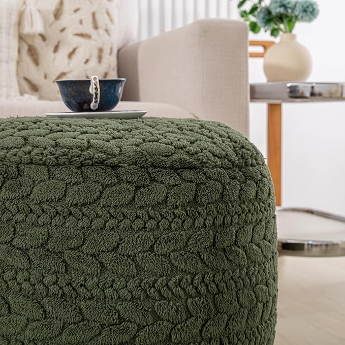 Unstuffed Ottoman Pouf Cover – Round Faux Fur Footstool Plush Floor Pouf (No Filler Included) Perfect for Living Room, Bedroom, or Office Lounge (Green, 20x20x15 in)