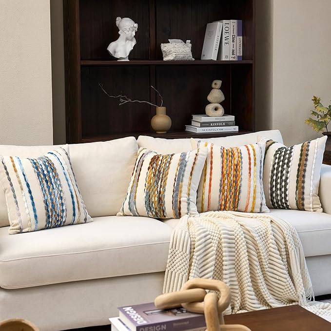 Aeckself Boho Pillow Covers 18x18 Inch Set of 2, Farmhouse Decorative Striped Square Chenille Tufted Accent Neutral Throw Pillow Covers for Living Room Couch Bed, Sky Blue