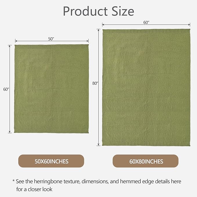 Knitted Throw Blanket 60"X80", Olive Green Knit Throws for Bed, Super Soft Boho Chevron Blankets for Couch Sofa Chair Room Decor, Textured Decorative Farmhouse Cozy Lightweight