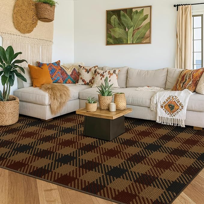 Vintage Large Plaid Area Rug for Living Room - 5x7 Easy Jute Classic Brown and Red Rug for Bedroom Under Bed, Large Entryway Outdoor Porch, Washable Non Slip Neutral Dark Brown Retro Décor