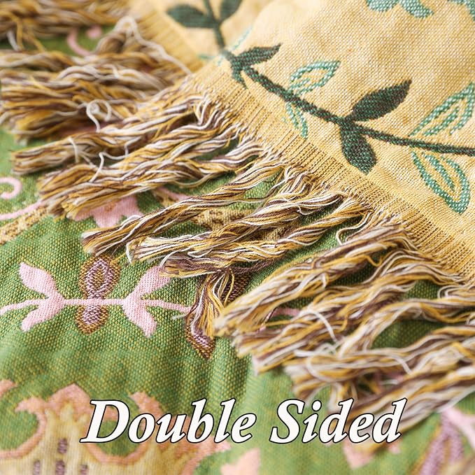 Snycler Boho Throw Blanket 80"x90" - 100% Cotton Ultra Soft Rustic Quilt, Green Floral Printed Farmhouse Decor for Bed, Sofa, Couch, Chair - All Season Cozy Blanket