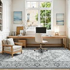 Lessymo 5x8 Area Rug for Living Room - Machine Washable Area Rugs, Super Soft Faux-Wool Area Rugs for Bedroom Kitchen, Boho Rug Vintage Floral Non-Slip Low Pile, Grey White