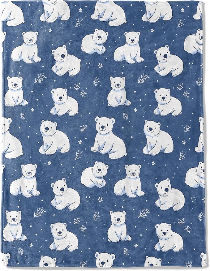Cute Polar Bear Fleece Blanket - Lightweight Soft Cozy Gifts Throw for Animal Lovers,Kids,Women,Winter White Bears Blue Blankets,Home Room Modern Festive Decor 40x50in