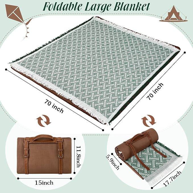 VitalCozy Waterproof Picnic Blankets 71×71 inch Outdoor Blanket Foldable 2 in 1 Double Layer Sandproof Beach Mat with Carry Strap for Camping Lawn Park Beach Grass(Green)