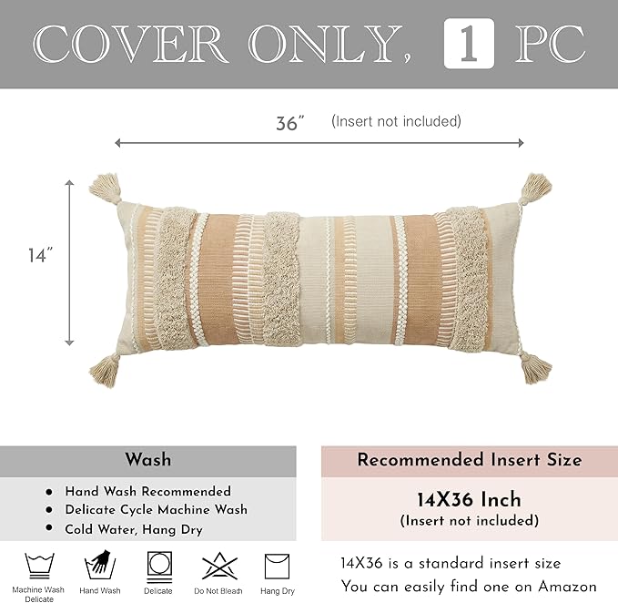 BlissBlush Decorative Lumbar Pillow Cover 14x36 for Bed, Neutral Cream Boho Long Accent Pillow with Tassels, Beige Rectangular Cushion for Couch Sofa Bench Bedroom (Cover Only)