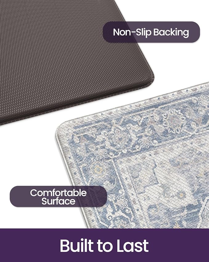 DEXI Kitchen Mats for Floor Cushioned, 23x35 Wide Runner Rug Non Slip, Waterproof Soft Comfort Standing Padded Anti Fatigue Decorative, Light Grey and Blue