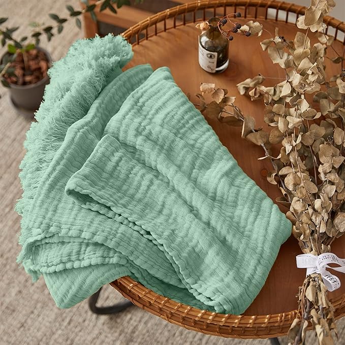 Simple&Opulence Cotton Muslin Throw Blanket for Bed, Couch, Knit Woven Gauze Blanket with Tassels, Soft Lightweight Cozy Pre-Washed Breathable Farmhouse Decoration for All-Season (Mint Green)