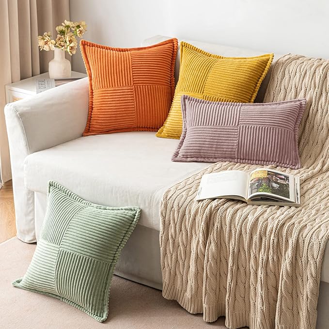 MIULEE Spring Decorative Throw Pillow Covers for Couch Bed Livingroom 20x20 Inch Set of 2 Blush Pink Boho Accent Throw Pllows Broadside Striped Patchwork Soft Corduroy Pillowcases Valentine Decor