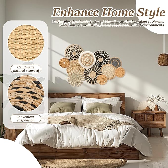 HJJWNDDNG 11 Pack Boho Wall Basket Decor Set, Hanging Woven Seagrass Rattan Wicker Boho Wall Decor, Round Farmhouse Wall Hanging Baskets Rustic Flat Wall Art for Living Room Bedroom Kitchen (Style 5)