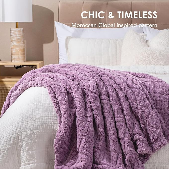 EverGrace Jacquard Boho Sherpa Fleece Throw Blanket for Couch, Super Soft Cozy Fuzzy Plush Blankets for All Seasons, Reversible Thick Warm Blanket for Bed, Sofa, Living Room, Mauve Purple, 60" x 80"