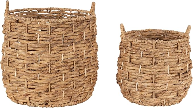 Kate and Laurel Livia Modern Two-Piece Woven Basket Set; 16 x 16 and 13 x 13; Natural Water Hyacinth; Transitional Natural Wicker Baskets for Use as Woven Planters or Living Room Blanket Baskets