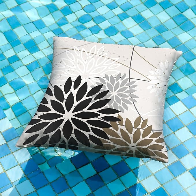 Black Brown Outdoor Pillow Covers 20x20 Inch Set of 2 White Gray Flower Throw Pillows Farmhouse Outdoor Modern Floral Polyester Square Cushion Case Decor for Sofa Patio Funiture Garden 01A20
