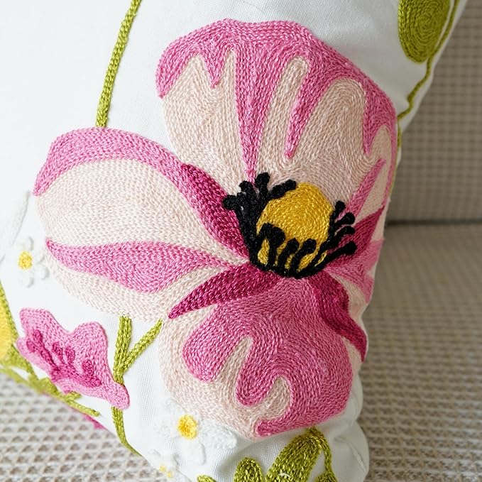 vctops Lotus Flower Embroidered Decorative Throw Pillow Cover Spring Summer Floral Square Pillow Cases Cotton Cushion Cover for Couch Sofa Bed (Flower A,18"x18")
