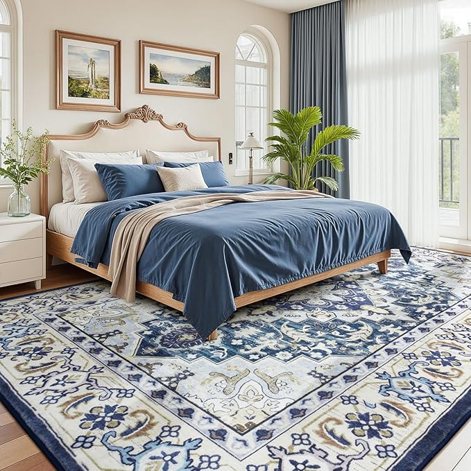Lessymo 8 x 10 Area Rugs for Living Room, Machine Washable Area Rugs Boho Faux Wool Low Pile Area Rug for Bedroom, Floral Medallion Vintage Rugs with Non-Slip Rubber, Kid & Pet Friendly,Dark Blue