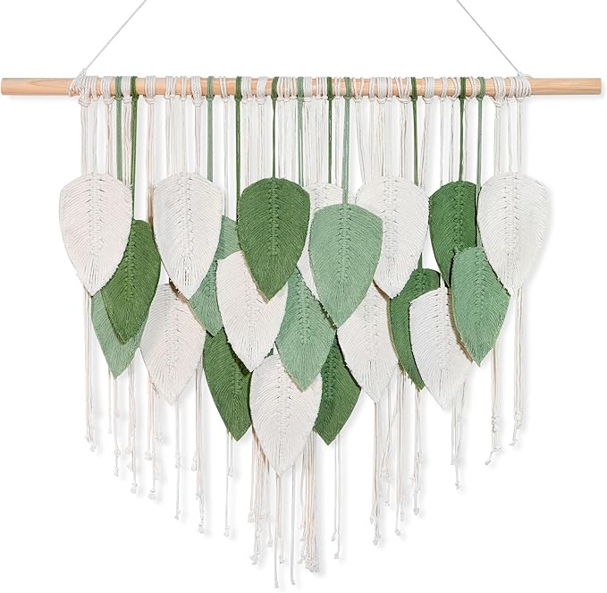 NYEONHRT Large Macrame Wall Hanging Handmade Boho Leaf and Feather Tapestry for Modern Home Decor Perfect Wall Art for Living Room Bedroom Nursery Apartment Backdrop 39x31 Inch (White green)
