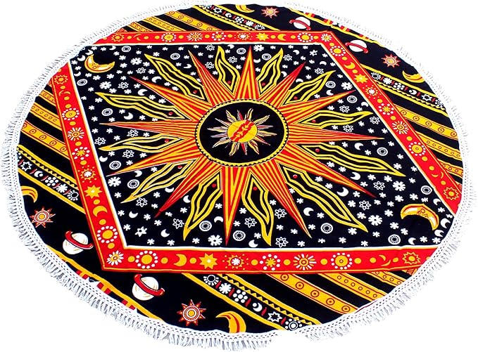 Round Beach Tapestry Turquoise Mandala Throw/Boho Hippie Beach Blanket Roundie/Indian Cotton Bohemian Large Round Table Cloth-Home Decor/Yoga Mat Meditation Picnic Rug (70", Yellow)