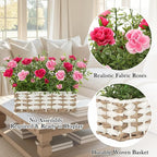 Artificial Rose Flowers with Woven Basket, Faux Blooming Roses in Fake Rattan Planter for Table Centerpiece, Romantic Floral Arrangement for Home Dining Room Wedding Sweet Decor, Hot & Soft Pink