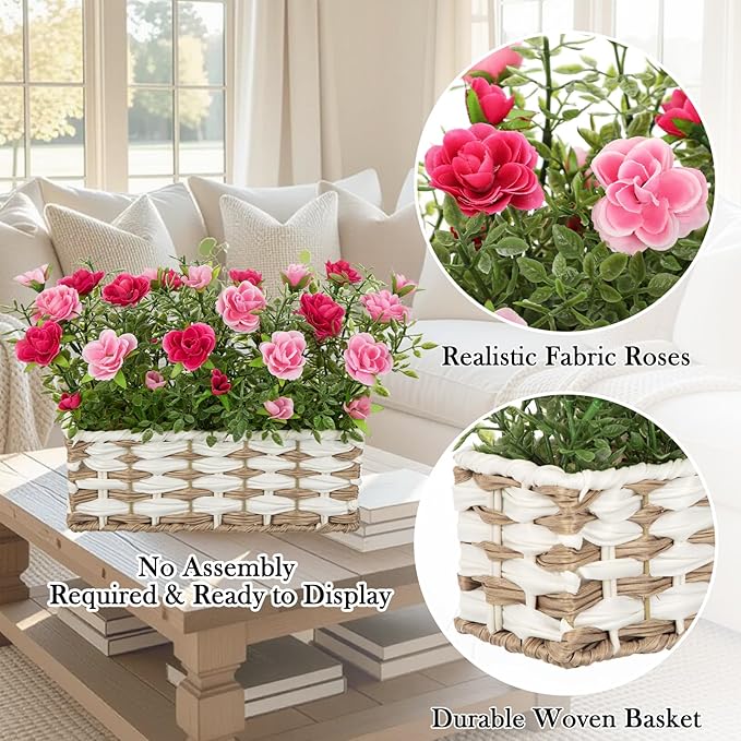 Artificial Rose Flowers with Woven Basket, Faux Blooming Roses in Fake Rattan Planter for Table Centerpiece, Romantic Floral Arrangement for Home Dining Room Wedding Sweet Decor, Hot & Soft Pink