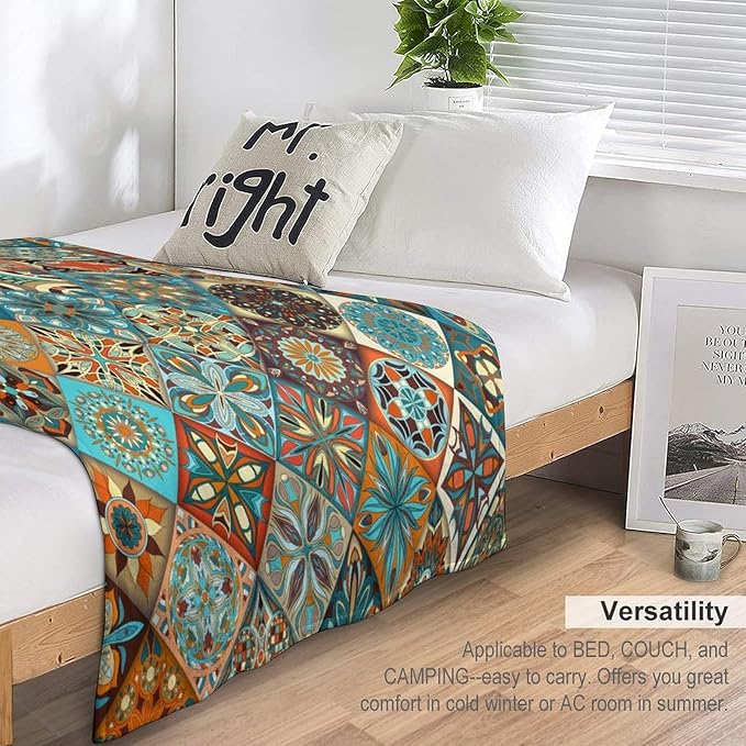 Boho Floral Throw Blanket Mandala Colorful Bohemian Flowers Art Pattern Blanket for Sofa Bed Couch Chair Or Dorm 70"x80"