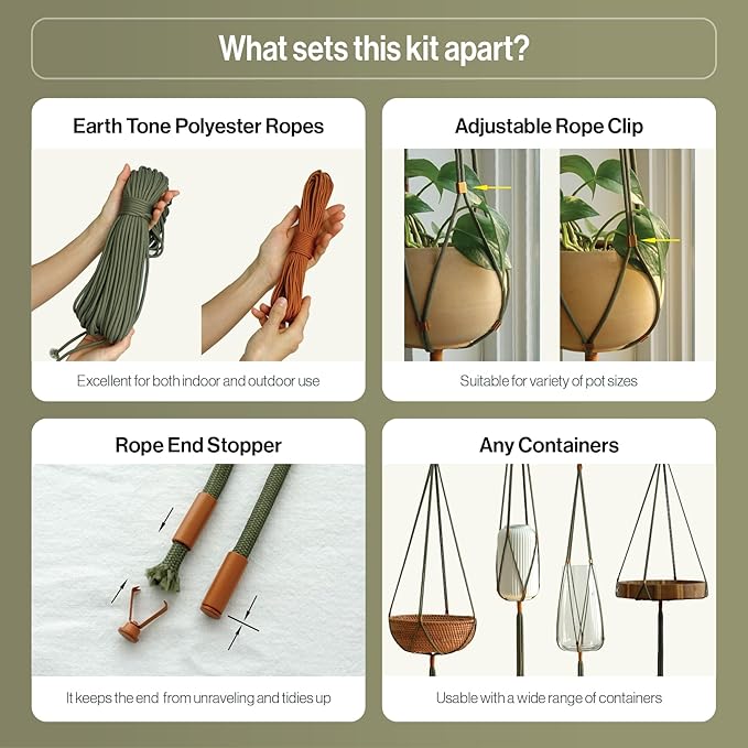 Macrame Kits for Beginners, 3 Set of Plant Hangers DIY Kit: Braided Polyester Ropes 50yds*5mm Forest Green, 20yds*2mm Burnt Orange, 60+Pcs Supplies with Step-by-Step Easy Instructions (GROR)