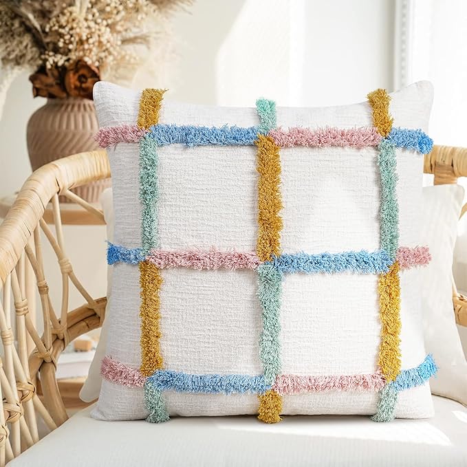 JASEN Checkered Tufted Throw Pillow Cover 18x18 - Colorful Soft Double Stitch Cotton Boho Decorative Cushion Case for Living Room, Sofa, Bed, Modern Home Decor Accents