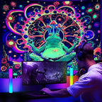 ARTCREATOR Blacklight Frog Mushroom Tapestry, Whimsical Hippie Wall Decor UV Reactive Tapestries Vintage Meditating Frog Tapestries for Living Room Bedroom (51" x 59")