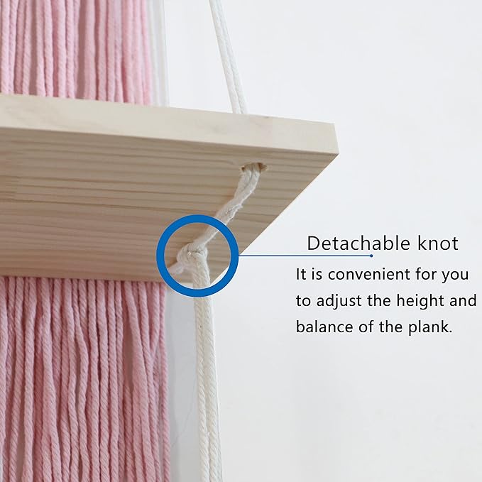 Macrame Wall Hanging Shelf Pink Floating Shelves Rope Shelf for Hanging Plants Pink Boho Decor for Bedroom Living Room, Gift for Housewarming, 1 Tier