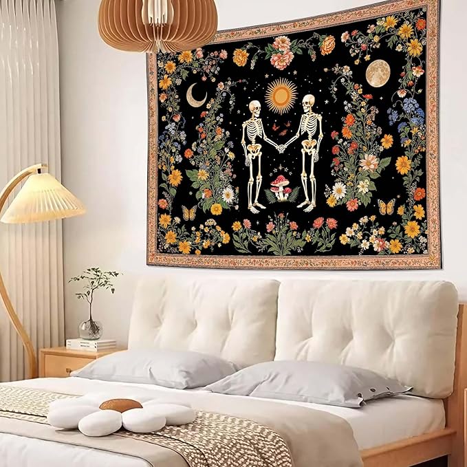Wegklazax Skull Moon and Flowers Tapestry, Bohemian Hippie Gothic Wall Hanging for Room Decor, Mystical Altar Home Decor 90L x 70W