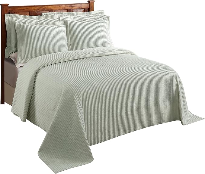 Better Trends Chenille Bedspreads Twin Size, Sage 100% Cotton Chenille Stripe Design Tufted Bedding Coverlet Soft Lightweight, 96"x110" with 1 PC Sham 2 Pieces Set Jullian Collection