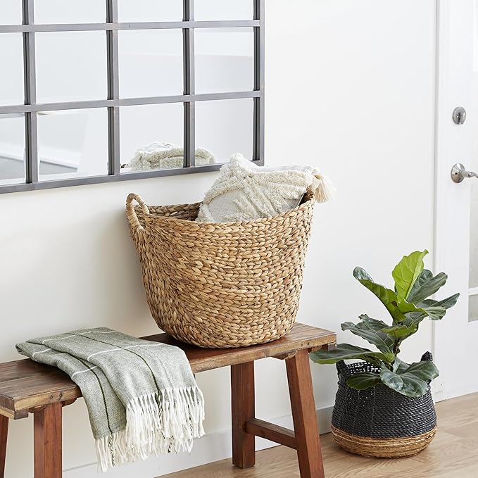 Deco 79 Seagrass Handmade Decorative and Functional Storage Basket Large Woven Basket Organizer with Ring Handles, Basket for Storage 20" x 18" x 19", Brown