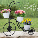 BAYN Bicycle Planter Stand, Metal Flower Pot Cart Holder Tricycle Planter with 3 Plant Bucket Outdoor Decorative for Patio, Deck, Garden or Lawn