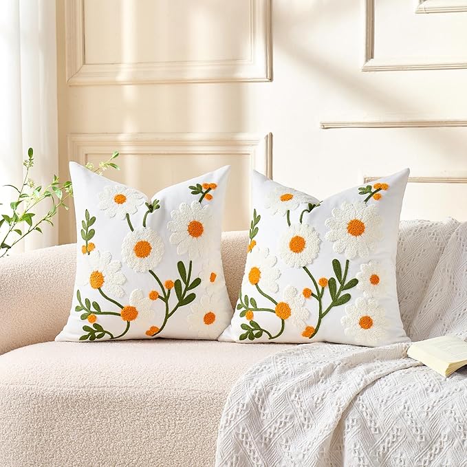 Embroidered Floral Throw Pillow Covers Decorative Tufted Couch Pillow Covers White Flowers Farmhouse Pillow Covers 20x20 Square Summer Cushion Cases Set of 2 for Living Room Couch Sofa Bed Home Decor