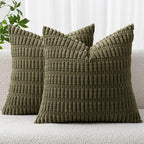 MIULEE Pack of 2 Spring Corduroy Decorative Throw Pillow Covers 20x20 Inch Soft Boho Striped Pillow Covers Modern Farmhouse Home Decor for Summer Sofa Living Room Couch Bed Olive Green