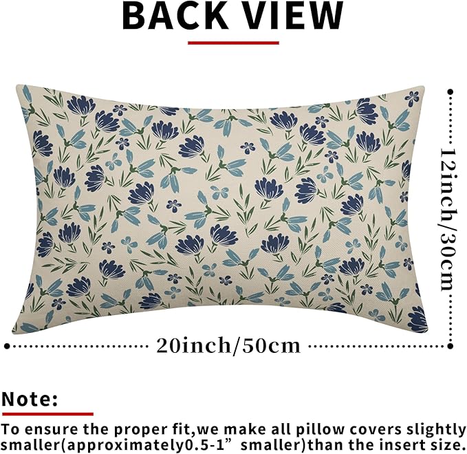 Green Teal Navy Blue Floral Pillow Covers 12x20 Set of 2 Vintage Rustic Old Style Cute Small Flower Print Rectangle Decorative Outdoor Pillowcases Throw Cushion Case Decor for Couch Sofa Bed