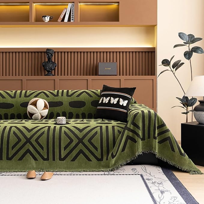 VClife Bohemian Green and Black Couch Cover Western Aztec Sofa Cover for 3-4 Cushion Couch Sofa Washable Chenille Sofa Slipcover Boho Non Slip Geometric Couch Covers for Sectional Sofa 71''x150''