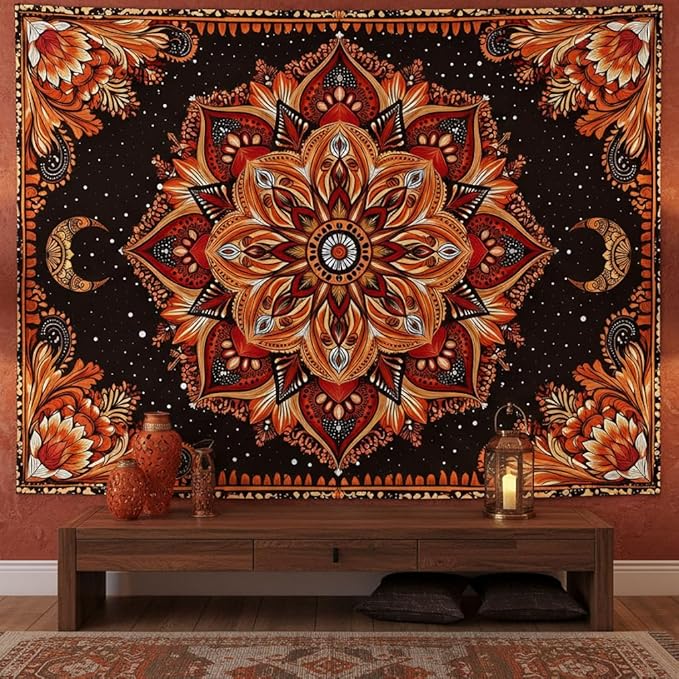 Accnicc Mandala Floral Tapestry Wall Hanging Boho Orange Red Tapestry Aesthetic Hippie Vintage Bohemian Flower Celestial Indian Cute Large Tapestries for Bedroom Living Room Dorm Decor 80 x 60 Inch