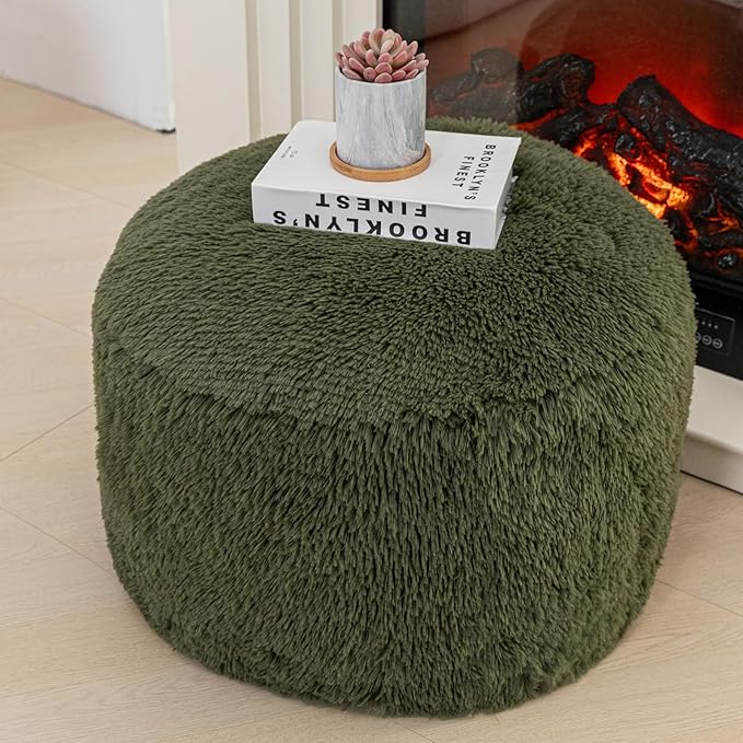 Stuffed Pouf Ottoman with High Density Foam Filler Plush Fiber Stool Foot Stool Storage Ottoman 20 * 12''Floor Pouf Foot Rest for Living Room (Green Pouf with Filler)