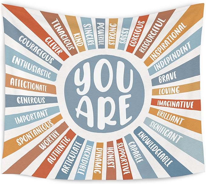 WARDOS Boho Sunshine Tapestry, You Are Inspirational Tapestry Wall Hanging, Colorful Boho Sun Positive Affirmation Wall Blanket Decor for Kids Room Nursery Playroom Classroom, 50x60 Inch (Blue)