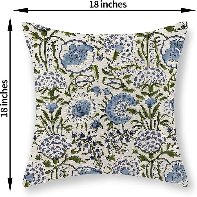 Boho Navy Blue Pillow Covers 18x18 Inch Set of 2 Blue Sage Green Floral Throw Pillows Vintage Flower Outdoor Decorative Pillow Cases Farmhouse Linen Cushion Cover Decor for Couch Sofa Decor