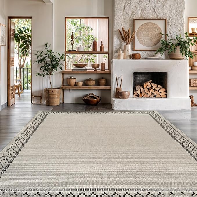 Easy Jute Rugs 9x12 Frame Bone Color Living Room Indoor Outdoor Area Rug for Patio and Kitchen Rug High Traffic Washable Easy to Clean Solid Boho Woven Design Carpet (9 x 12)