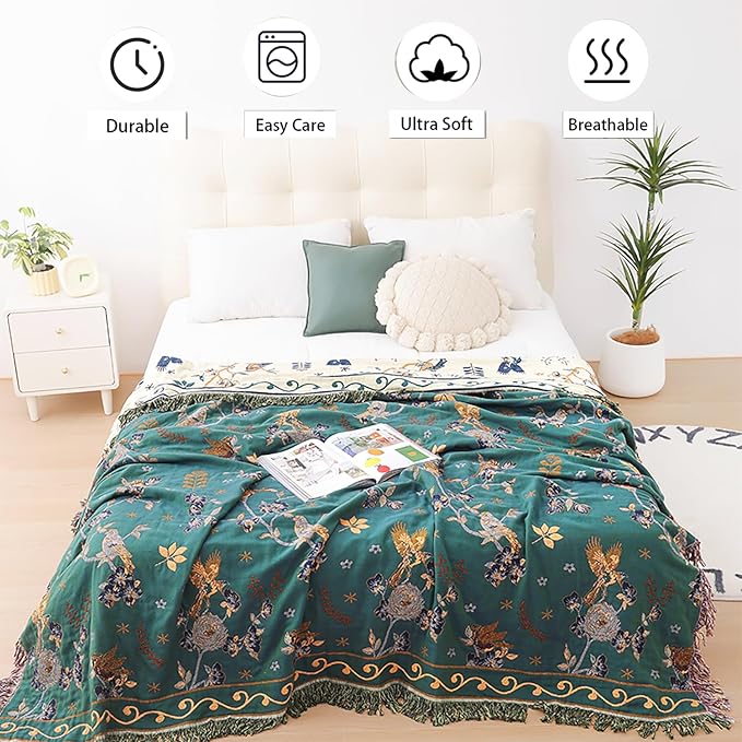 Boho 100% Cotton Large Throw Blanket King - All Season Rustic Ultra Soft Breathable Floral Bird Blanket for Bed Sofa Couch Chair Bedspread Quilt Gift, 91" x 108"-Teal/Beige