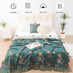 Boho 100% Cotton Large Throw Blanket King - All Season Rustic Ultra Soft Breathable Floral Bird Blanket for Bed Sofa Couch Chair Bedspread Quilt Gift, 91" x 108"-Teal/Beige
