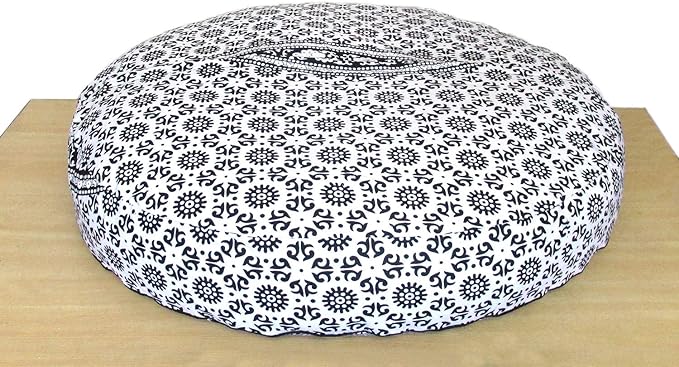 ICC Large Hippie Mandala Round Floor Pillow Cover Ottoman Pouf Cover Daybed Oversized Cotton Cushion Cover with Heavy Duty Zipper Seating Ottoman Poufs Dog-Pets Bed Black & White Flower 35" Round