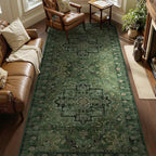 Moody Green 4x8 Area Rugs for Long Living Room, Washable Non Slip Wide Large Runner for Entryway Hallway 8ft, Distressed Medallion Carpet Rugs for Bedroom/Kitchen/Dining Room