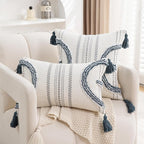 Boho Throw Pillow Covers 18x18 Set of 2 Cotton Woven Tufted Farmhouse Pillows Covers with Tassels Outdoor Neutral Navy Decorative Pillowcases Square Textured Accent Cushion Cases for Couch Bed Sofa